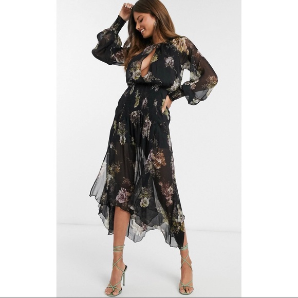 ASOS Drop Waist Floral Midi Dress - Picture 1 of 7